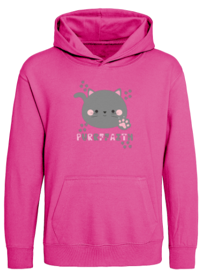A pink child's hoodie with a graphic of a cat's face and the text 'Purrffaith' on the front.