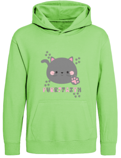 Green hoodie with a cat graphic and text on a white background