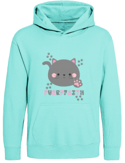Light blue hoodie with a cat graphic and text on a white background
