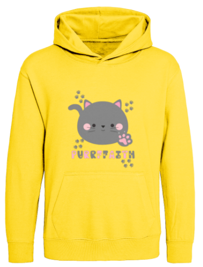 Yellow hoodie with a cartoon cat design and 'Purrffaith' text on a white background