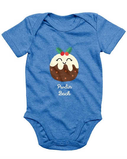 A blue sleeveless babygrow with a graphic print of a Christmas pudding and the Welsh phrase 'Pwdin Bach'.