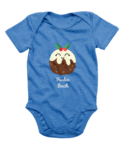 A blue sleeveless babygrow with a graphic print of a Christmas pudding and the Welsh phrase 'Pwdin Bach'.