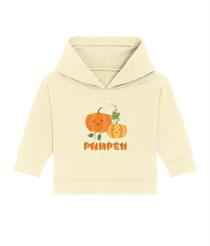 A beige baby hoodie with a graphic of a pumpkin and the Welsh word 'Pwmpen' printed on the front.