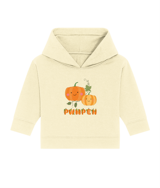A beige baby hoodie with a graphic of a pumpkin and the Welsh word 'Pwmpen' printed on the front.