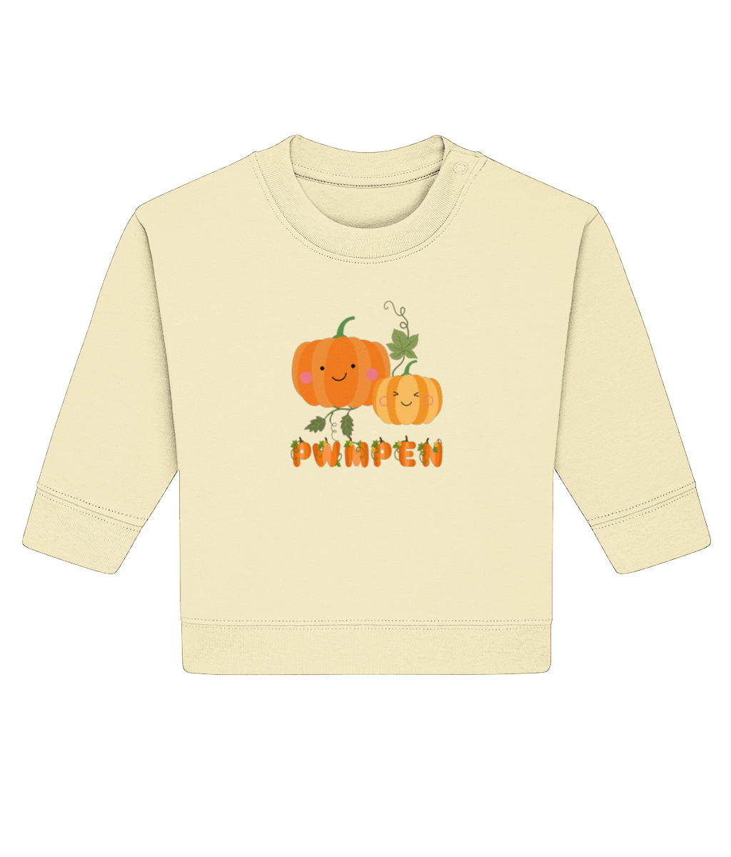 A light yellow baby sweatshirt with a graphic of a smiling pumpkin and the text 'Pwmpen'.