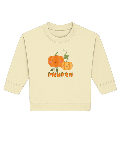 A light yellow baby sweatshirt with a graphic of a smiling pumpkin and the text 'Pwmpen'.