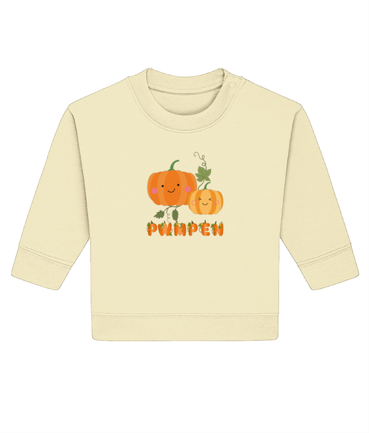 A light yellow baby sweatshirt with a graphic of a smiling pumpkin and the text 'Pwmpen'.