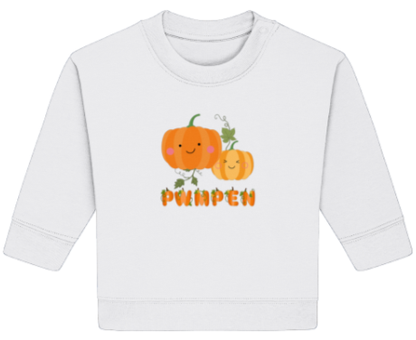 White long-sleeve shirt with pumpkins and 'Pumpkin' text on a white background
