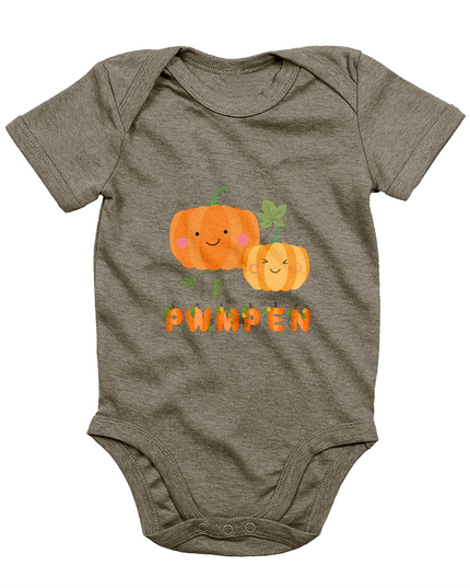 A gray babygrow with a 'Pwmpen' print featuring an illustrated pumpkin design.