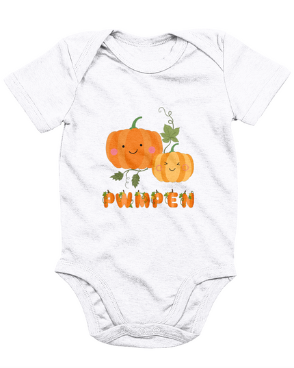 A white babygrow with a 'Pwmpen' print featuring an illustrated pumpkin design.