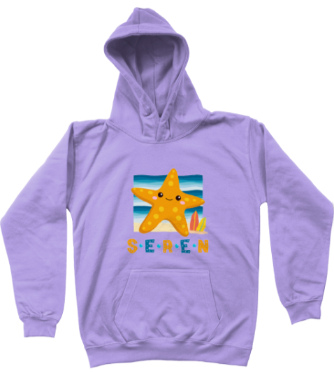 A purple child's hoodie with a graphic of a starfish and the Welsh word 'Seren' printed on the front.
