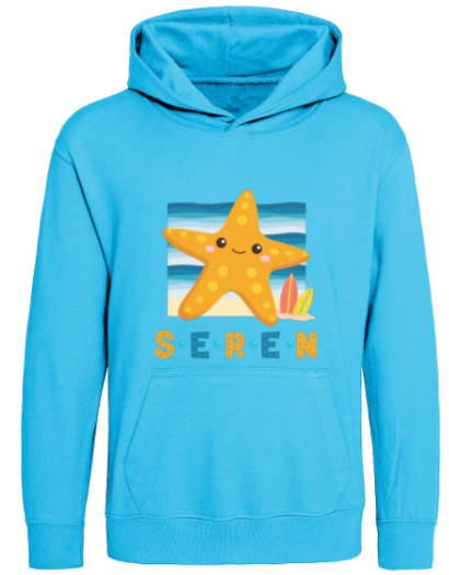 Blue hoodie with a starfish graphic and 'Seren' text on a white background