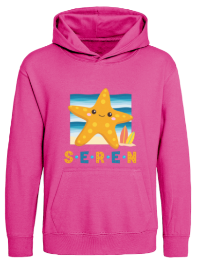 Pink hoodie with a starfish graphic and 'Seren' text on a white background