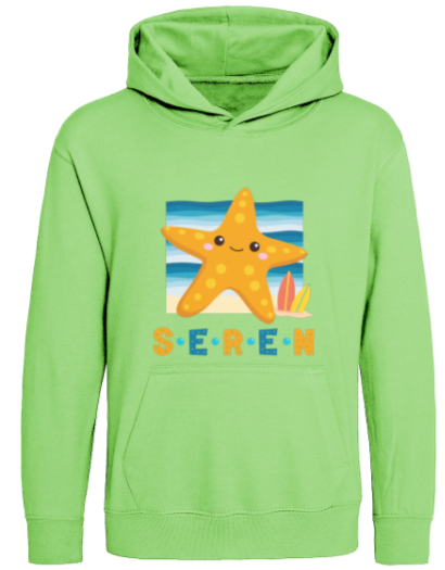 Green hoodie with a starfish graphic and 'Seren' text on a white background