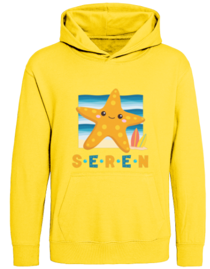 Yellow hoodie with a starfish graphic and 'Seren' text on a white background