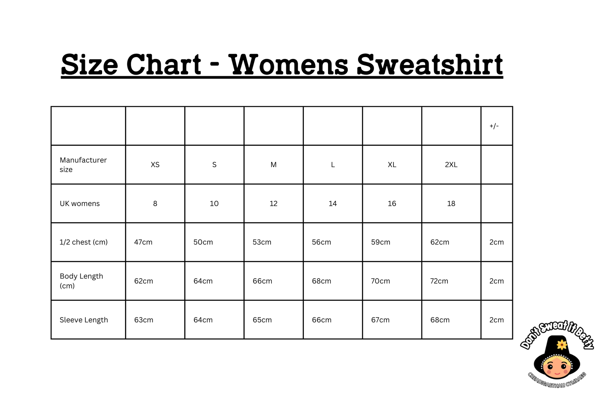 Size chart for women's sweatshirts with measurements in centimeters and inches.