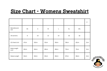 Size chart for women's sweatshirts with measurements in centimeters and inches.