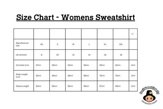 Size chart for women's sweatshirts with measurements in centimeters and inches.