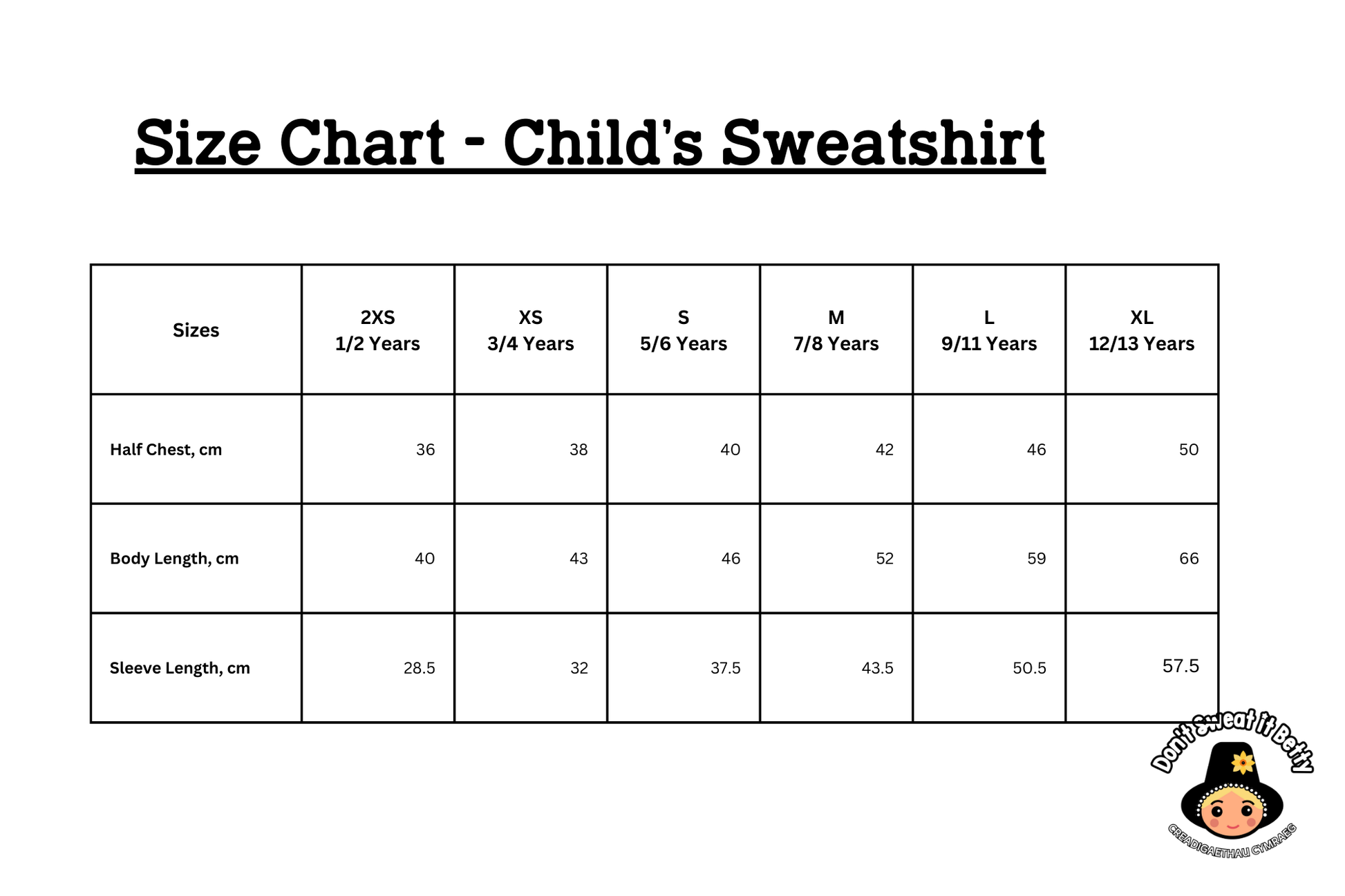 Size chart for children's sweatshirts with measurements in centimeters.