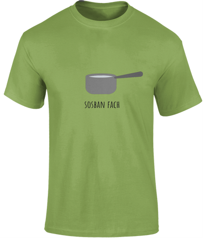 Green men's t-shirt with the emblem from the Welsh folk song 'Sosban Fach' printed on the front.