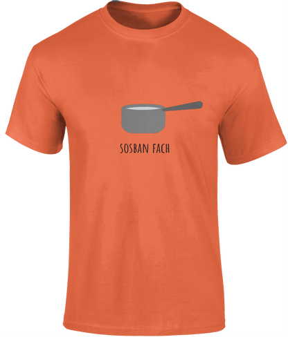 Orange men's t-shirt with the emblem from the Welsh folk song 'Sosban Fach' printed on the front.