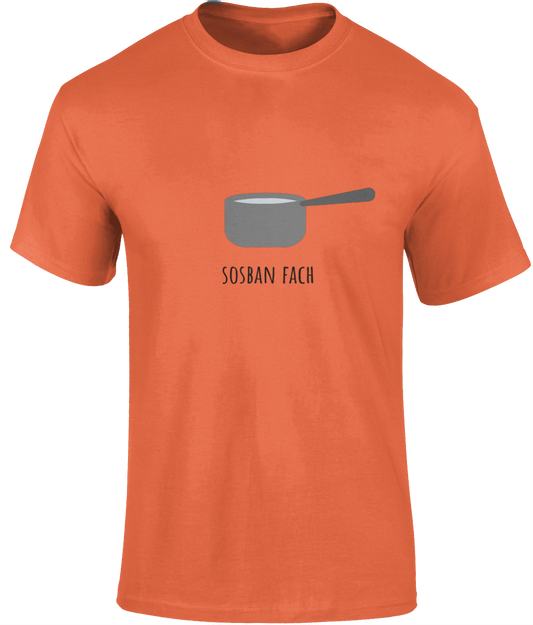Orange men's t-shirt with the emblem from the Welsh folk song 'Sosban Fach' printed on the front.