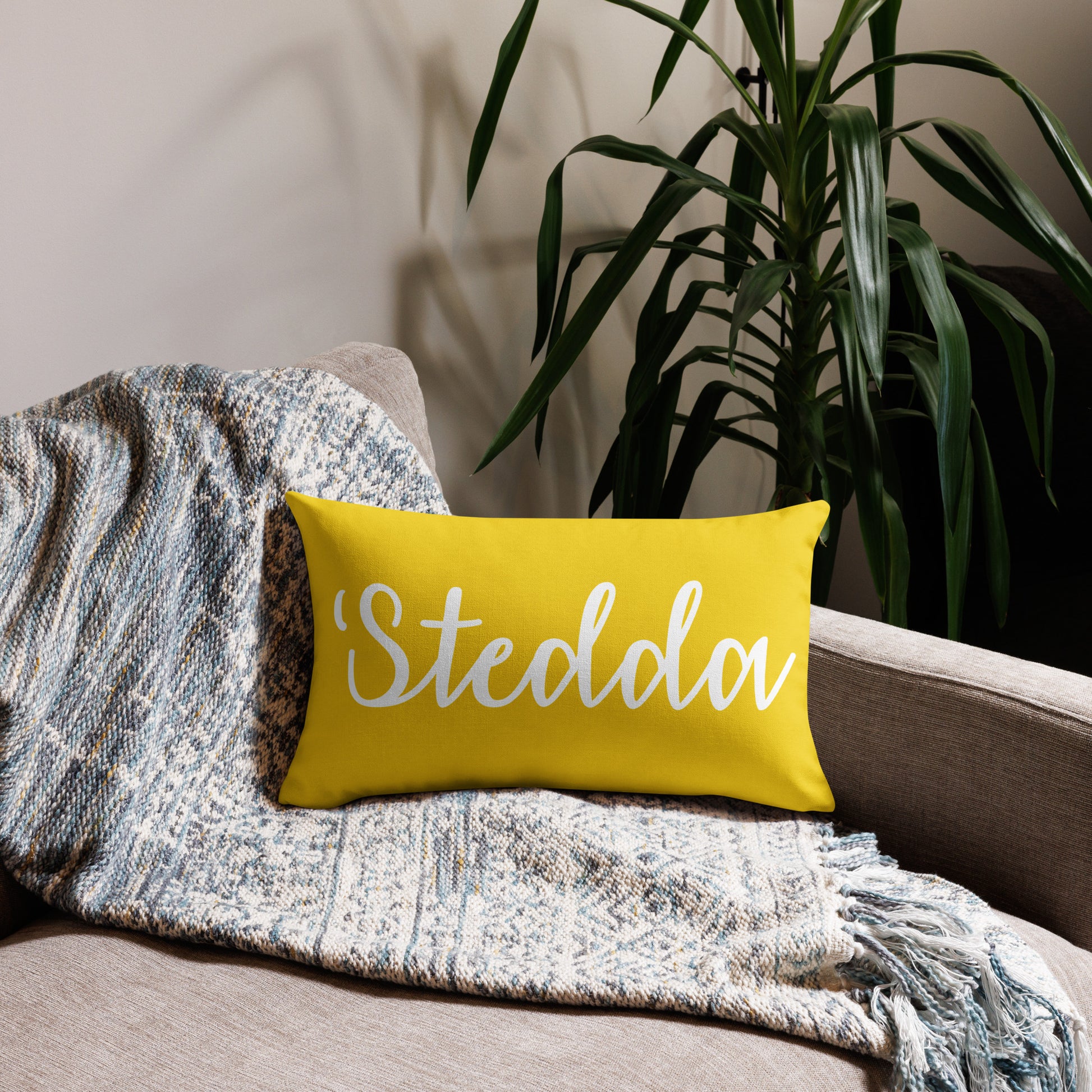 A premium pillow with a Welsh themed design, featuring text in Welsh on a sofa in a room with decorative plants and wooden furniture.