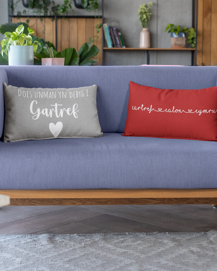 A premium pillow with a Welsh themed design, featuring text in Welsh on a sofa in a room with decorative plants and wooden furniture.