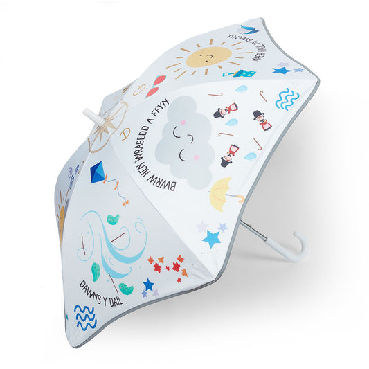 Children's umbrella with colorful illustrations on a white background