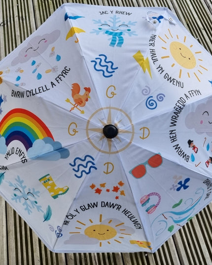A Welsh themed umbrella with a printed design featuring weather-related motifs and Welsh text.