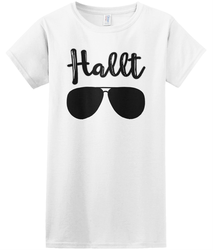 Hallt Women's T-Shirt in white featuring 'Hallt' text and sunglasses design – Welsh salty tee