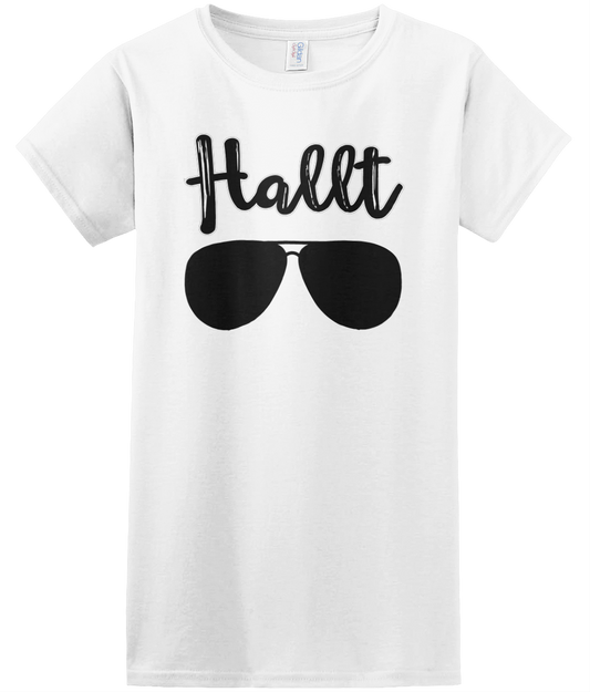 Hallt Women's T-Shirt in white featuring 'Hallt' text and sunglasses design – Welsh salty tee