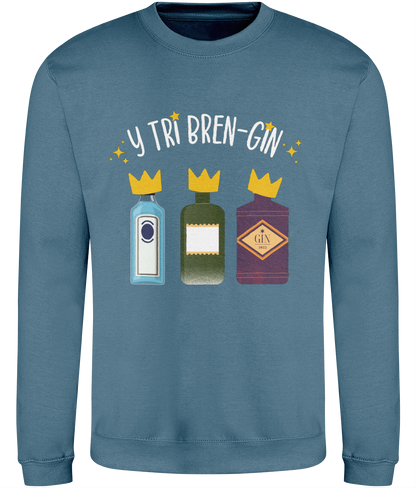 blue Christmas sweatshirt with text and cartoon images of bottles, 