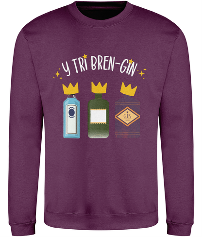 plum Christmas sweatshirt with text and cartoon images of bottles