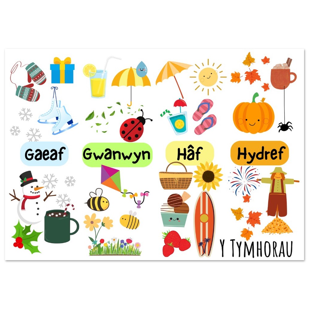 A colorful educational wall art featuring various Welsh-language themed illustrations such as a snowman, sun umbrella, and other season-related items, with text in English and Welsh.