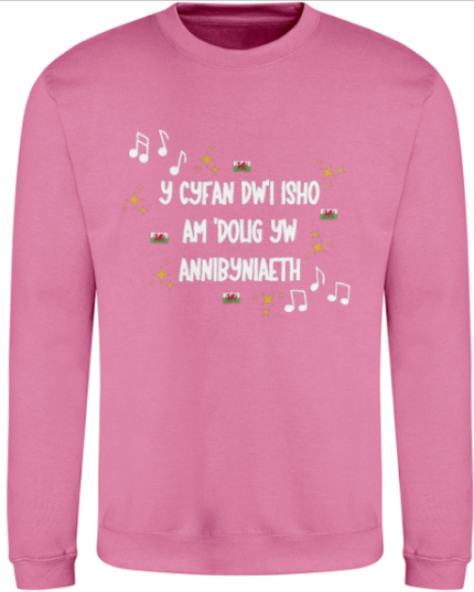 Pink sweatshirt with white text and musical notes on a white background
