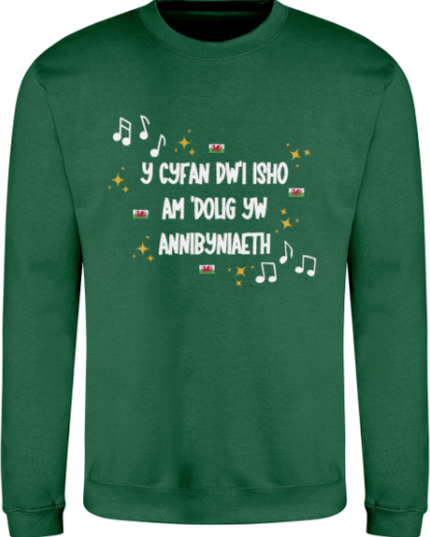 Green sweatshirt with Welsh text and music notes on a white background