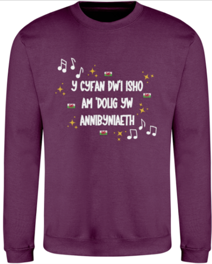 Purple sweatshirt with text and musical notes on a white background