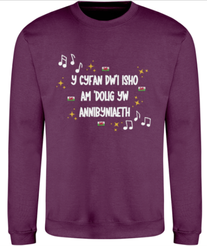 Purple sweatshirt with text and musical notes on a white background