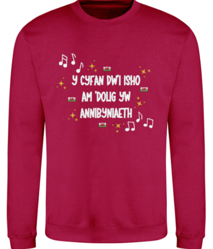 Red sweatshirt with white text and musical notes on a white background