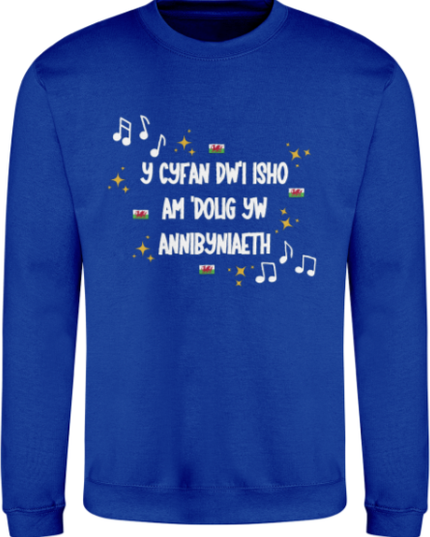 Blue sweatshirt with Welsh text and music notes on a white background