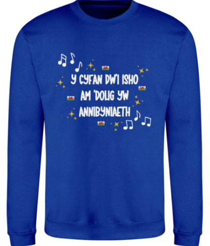Blue sweatshirt with Welsh text and music notes on a white background