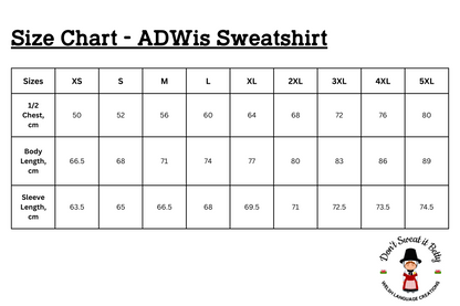A chart showing sizes and corresponding body measurements for a sweatshirt