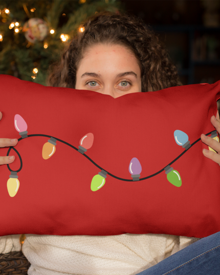Back of the pillow with a string of Christmas lights