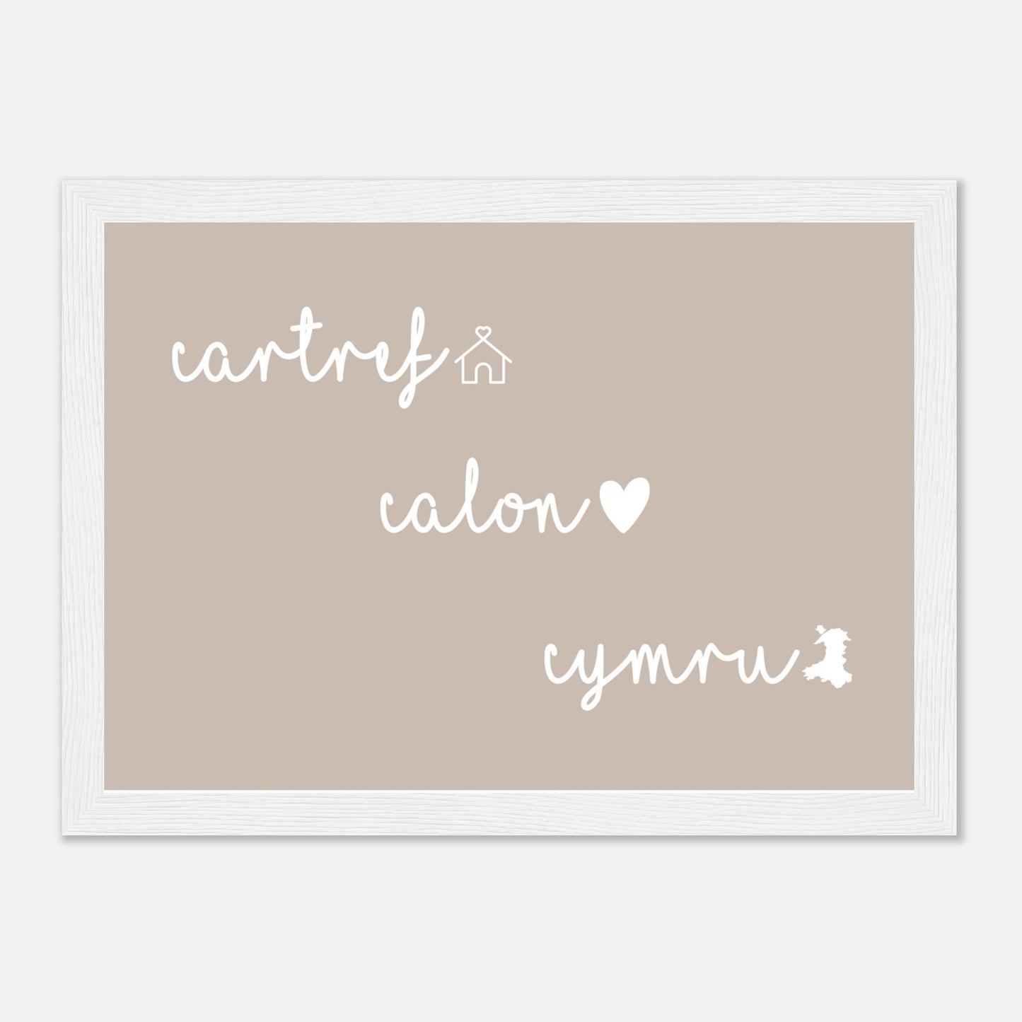 A minimalist wall art print with Welsh typography, featuring the words 'cartref' (home), 'calon' (heart), and 'cymru' (Wales) in a clean, modern design.