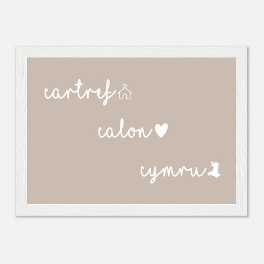A minimalist wall art print with Welsh typography, featuring the words 'cartref' (home), 'calon' (heart), and 'cymru' (Wales) in a clean, modern design.