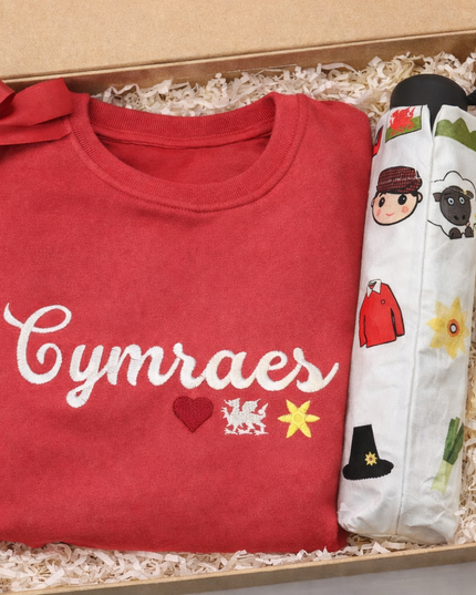Cymraes embroidered Welsh sweatshirt and umbrella gist set