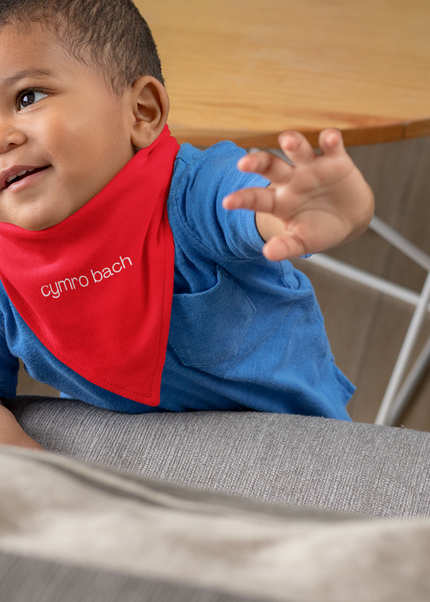 Child wearing a blue shirt and red bib with 'Cymro bach' on a couch.