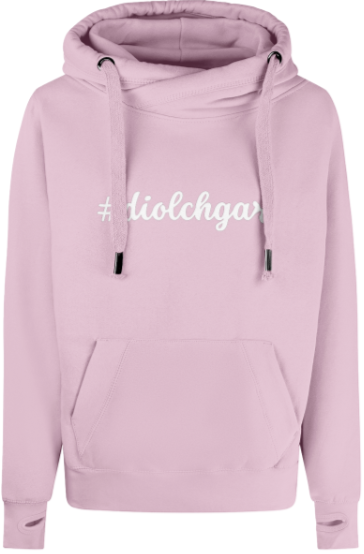 Pink hoodie with '#diolchgar' text on a white background
