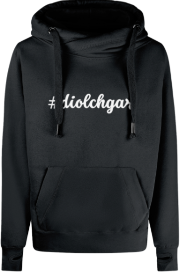 Black hoodie with white text '#diolchgar' on a white background